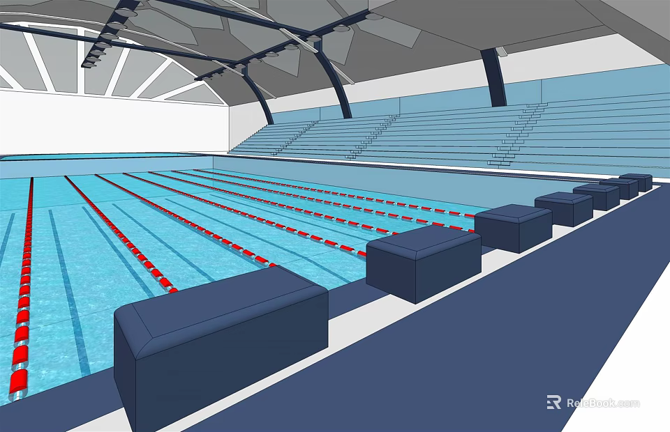 Indoor Swimming Pool With Lap Lanes Red Dividers Blue Benches And Spectator Stands 3d model 