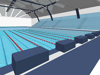 Indoor Swimming Pool With Lap Lanes Red Dividers Blue Benches And Spectator Stands 3d model
