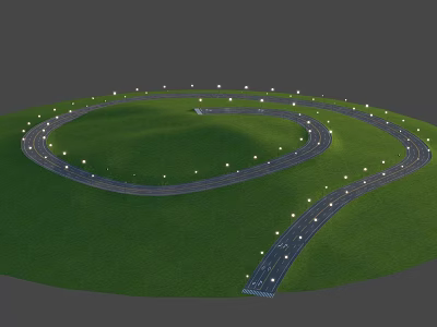 Lush Green Grass Landscape With Winding Road Lined By Street Lights 3d model