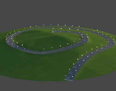 Lush Green Grass Landscape With Winding Road Lined By Street Lights 3d model