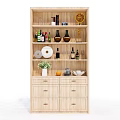 Light Wood Shelf Cabinet With Multiple Shelves And Drawers For Organizing Kitchen Items And Bottles