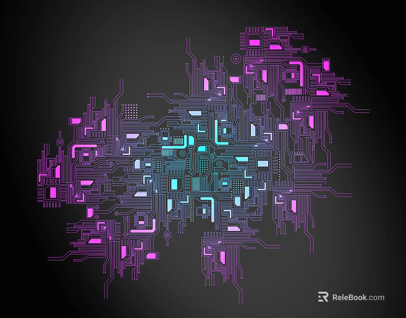 Complex Lines Forming Intricate Circuit Board Pattern With Purple And Turquoise Hues On Dark Background 3d model 