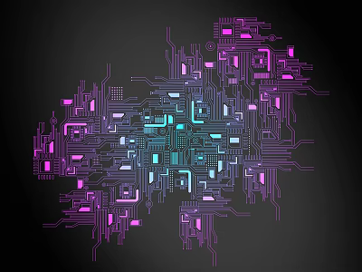 Complex Lines Forming Intricate Circuit Board Pattern With Purple And Turquoise Hues On Dark Background 3d model