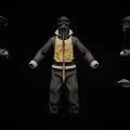 Dark Outfit With Yellow Vest And Multiple Hats On Black Background