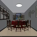 Traditional Chinese Private Dining Box Interior With Wooden Lattice Screens Dining Table And Chairs