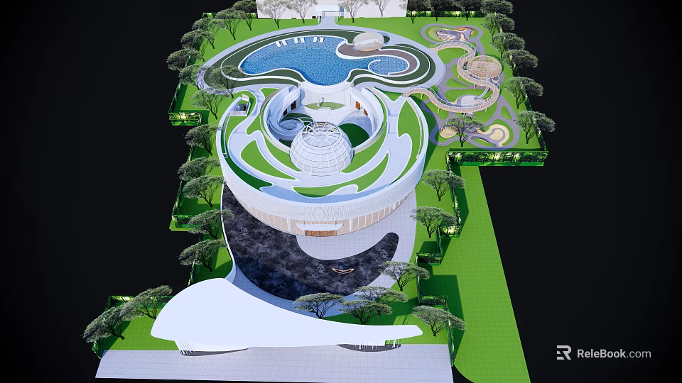 Outdoor Children's Play Area Design Featuring Circular Pool Green Landscape And Trees 3d model 