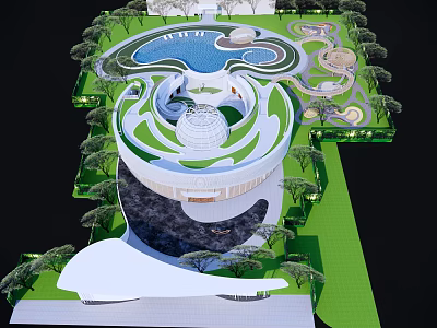 Outdoor Children's Play Area Design Featuring Circular Pool Green Landscape And Trees 3d model
