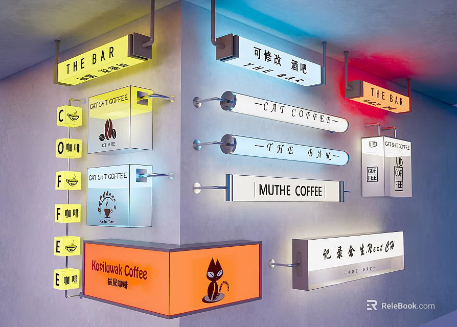 Various Commercial Signage Designs Featuring Bar Coffee Shop And Business Signs 3d model 