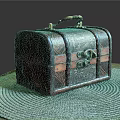 Vintage Display Shelf Featuring Red Black Leather Trunk with Metal Lock on Woven Mat