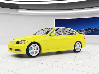 Yellow BMW Sedan Displayed In Modern Showroom With Large Screen Background 3d model