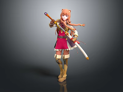 Anime Style Female Game Character With Long Orange Hair Pink Dress And Sword 3d model