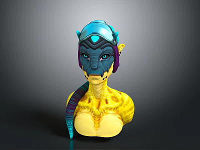 Fantasy Themed Sculpture Carving With Blue Helmet Purple Face Yellow Torso And Long Tail 3d model