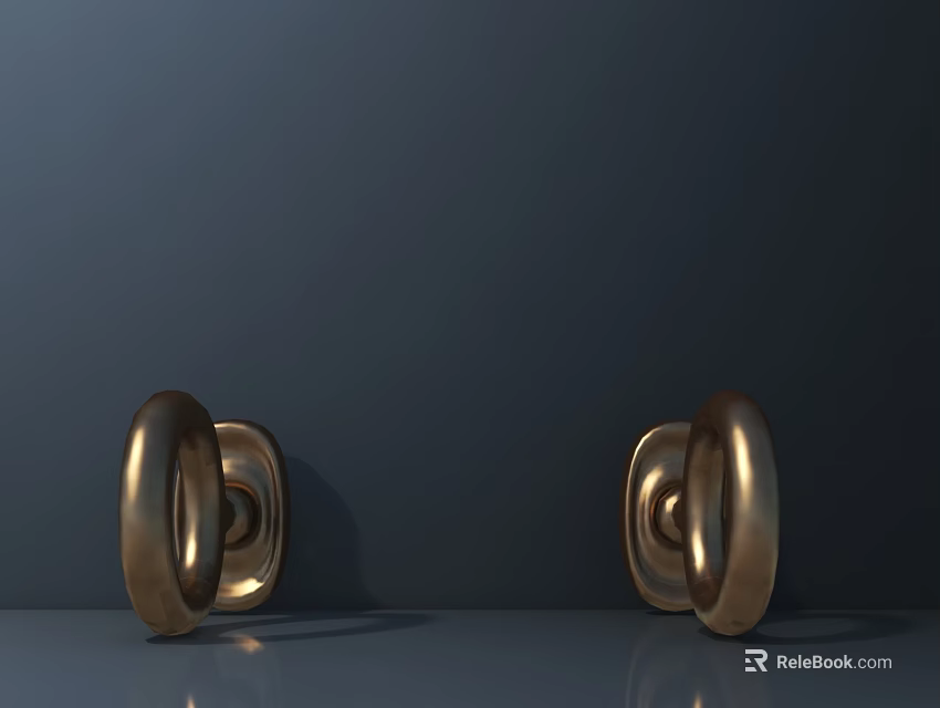 Two Golden Ring Shaped Door Handles Against Dark Wall And Gray Surface 3d model 