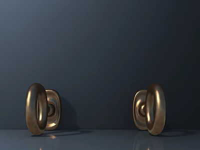 Two Golden Ring Shaped Door Handles Against Dark Wall And Gray Surface 3d model