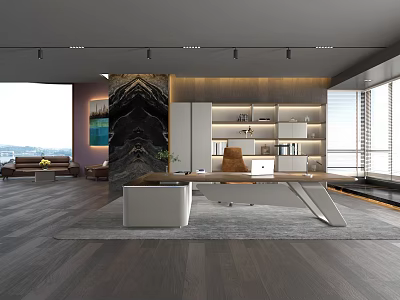 Modern Contemporary Office Interior With Large Windows Wooden Desk And Bookshelves 3d model