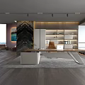 Modern Contemporary Office Interior With Large Windows Wooden Desk And Bookshelves