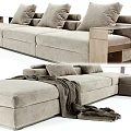 Modern Large Sectional Sofa With Light Beige Upholstery Multiple Soft Cushions And Throw Blanket 3d model