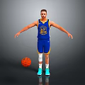 Basketball Player Wearing Blue Warriors Jersey With Basketball And White Knee Pads