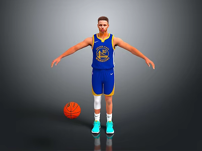 Basketball Player Wearing Blue Warriors Jersey With Basketball And White Knee Pads 3d model