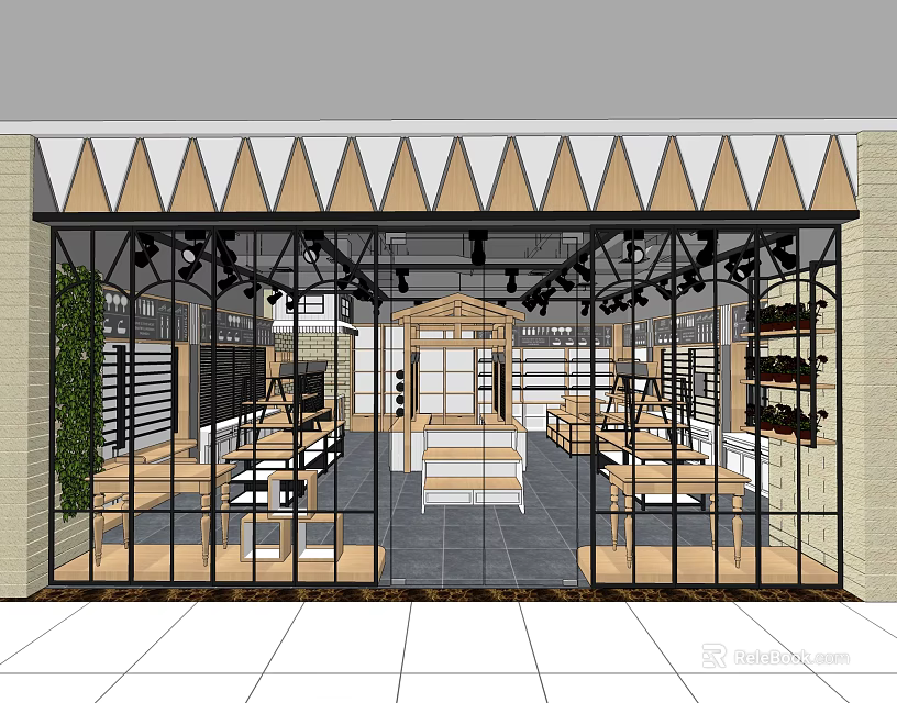 Modern Shopping Mall Store Interior With Glass Storefront Triangular Roof Decor And Display Shelves 3d model 