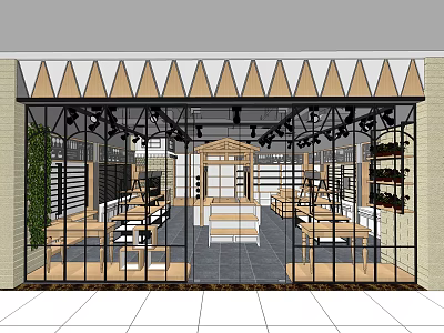 Modern Shopping Mall Store Interior With Glass Storefront Triangular Roof Decor And Display Shelves 3d model
