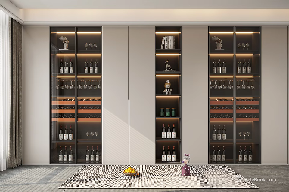 Elegant Modern Wine Cabinet With Glass Doors Interior Lighting Displaying Wine Bottles And Decorative Items 3d model 