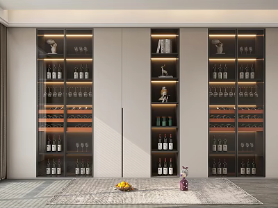 Elegant Modern Wine Cabinet With Glass Doors Interior Lighting Displaying Wine Bottles And Decorative Items 3d model