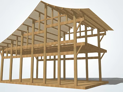 Traditional Ancient Architecture Wooden Framework With Beam Column Structure And Classic Roof Design 3d model