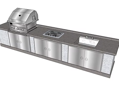 Modern Stainless Steel Kitchen Countertop With Grill Gas Stove And Sink 3d model