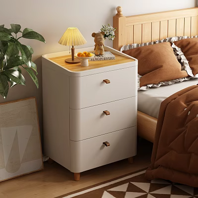 White Bedside Table With Three Drawers Wooden Handles Lamp Teddy Bear Sunflowers And Coffee Mug 3d model