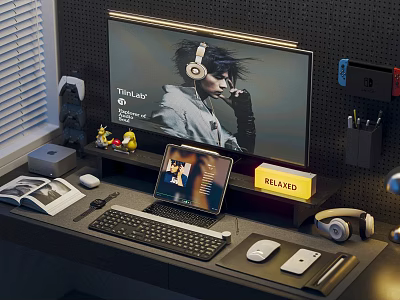 Modern Computer Desk Setup With Monitor Keyboard Mouse Tablet Headphones And Speaker 3d model