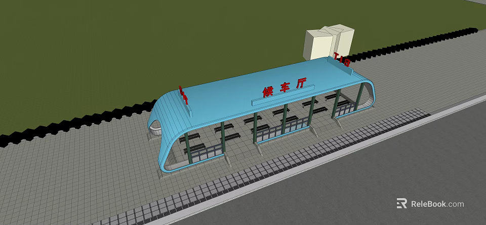 Bus Stop Waiting Hall With Blue Roof Seats And Platform Facilities Design 3d model 