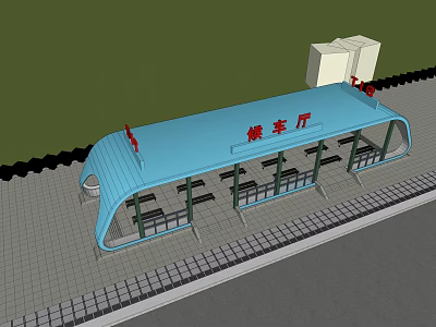 Bus Stop Waiting Hall With Blue Roof Seats And Platform Facilities Design 3d model