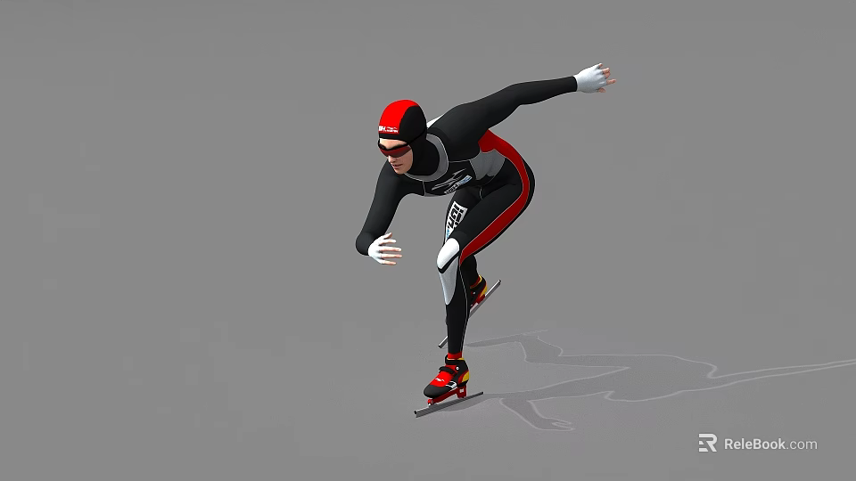 Man In Black And Red Speed Skating Suit Gliding On Ice With Helmet And Goggles 3d model 