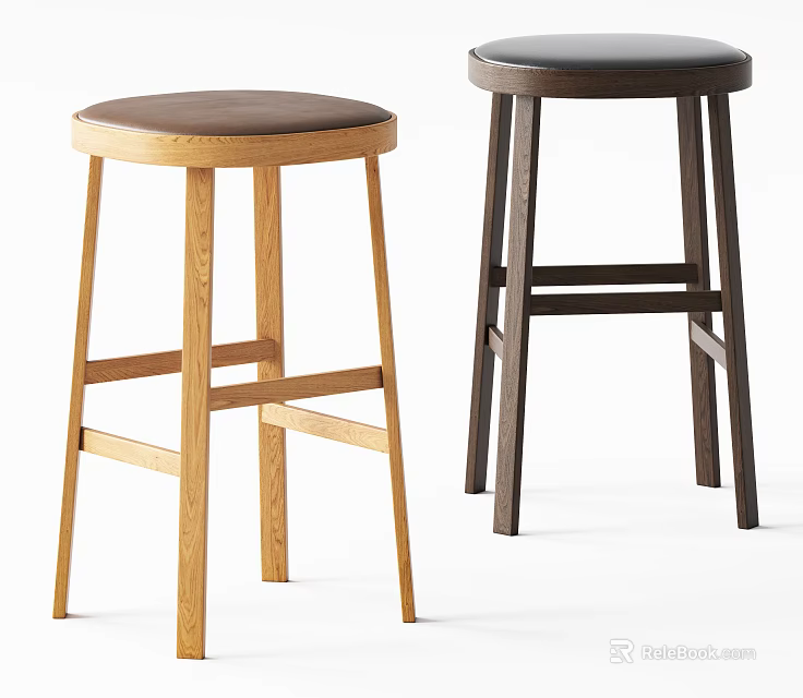 Wooden Bar Stools With Round Leather Seats And Crossed Stretchers In Light Dark Tones 3d model 