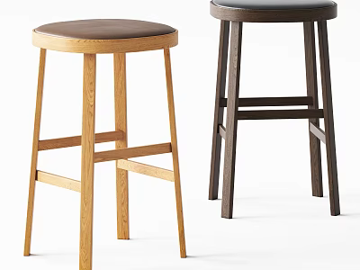 Wooden Bar Stools With Round Leather Seats And Crossed Stretchers In Light Dark Tones 3d model