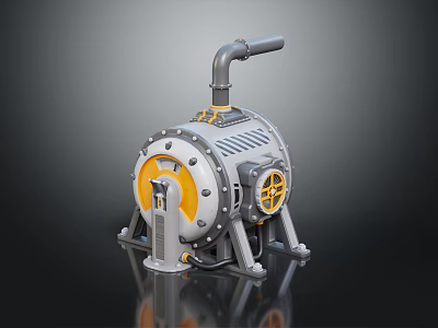 Industrial Mechanical Pump Equipment With Circular Body Yellow Gray Stand And Metal Pipe 3d model