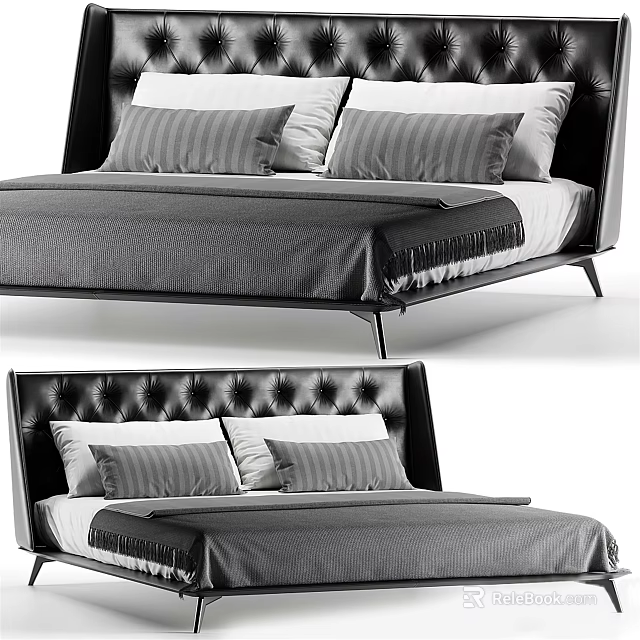 Modern Minimalist Double Bed with Tufted Headboard Gray Bedding and Soft Pillows 3d model 