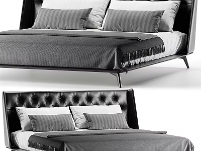 Modern Minimalist Double Bed with Tufted Headboard Gray Bedding and Soft Pillows 3d model