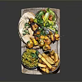 Delicious Food Platter with Crispy Fries Kebab Skewers Fresh Salad and Sauce on Wooden Tray