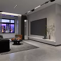 Modern Living And Dining Room With Black Sofa Orange Armchair Large TV City Night View