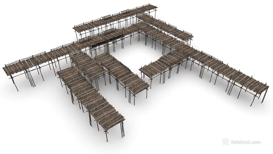 Detailed Wooden Interconnected Bridges Structure With Scaffolding Like Frames 3d model 