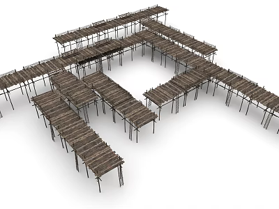 Detailed Wooden Interconnected Bridges Structure With Scaffolding Like Frames 3d model