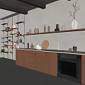Modern Kitchen With Wooden Cabinets Shelves Ceramic Decor Countertop And Natural Light