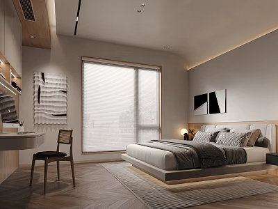 Modern Bedroom Interior With Platform Bed Large Window Rug And Wall Art 3d model