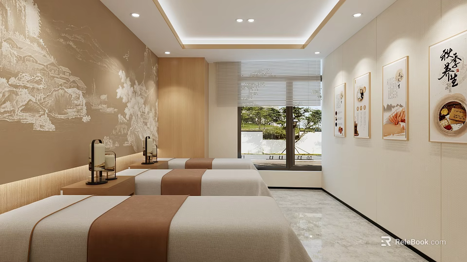 Traditional Chinese SPA Room With Comfortable Beds And Art Decor 3d model 