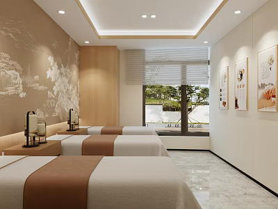 Traditional Chinese SPA Room With Comfortable Beds And Art Decor 3d model