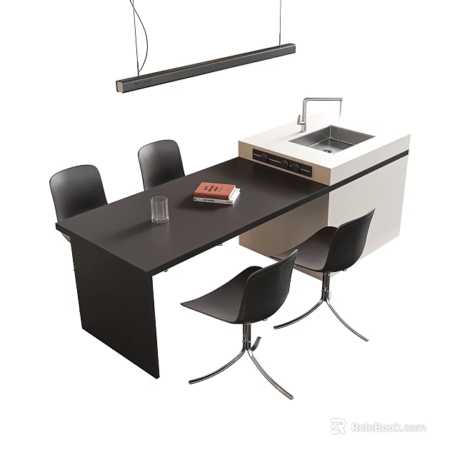 Modern Black Dining Table And Chairs Set With Book Glass And White Counter With Sink 3d model 