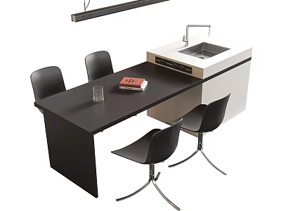 Modern Black Dining Table And Chairs Set With Book Glass And White Counter With Sink 3d model