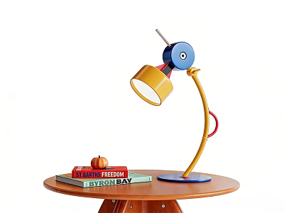 Unique Colorful Table Lamp on Round Wooden Table with Books and Decorative Pumpkin 3d model